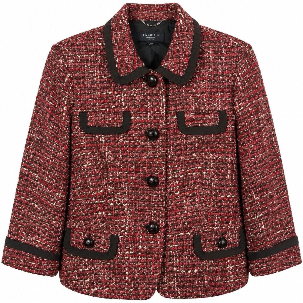 Talbots Boucle Tweed Blazer Women’s 12P Wool Blend Pink Brown Preppy Jacket